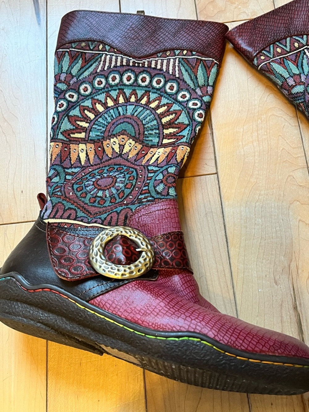 Socofy Tapestry and Leather Tall boots zip up side decorative silver buckle 39 - Picture 2 of 11